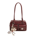 Chic burgundy leather shoulder bag with vintage dual pockets and plush puppy charm - Red with Pendant