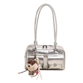 Chic silver tote bag in metallic leather with twin pockets and cute dog charm pendant - Silver With Pendant