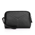 Pochette porta cellulare in pelle nera motivo litchi con cuciture bianche a contrasto - Nero
