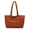 Borsa tote in velluto a coste marrone da donna con tasca zip e ricamo frontale - Marrone