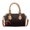 Retro brown lychee pattern Boston handbag with red cherry charm and golden hardware - Coffee with Pendant
