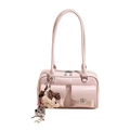 Pink faux leather shoulder bag with front flap pockets and leopard print plush bear charm - Pink With Pendant