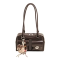 Chocolate brown glossy shoulder bag with retro Boston silhouette and plush puppy charm - Coffee with Pendant