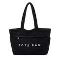 Borsa tote in velluto a coste nero con ricamo bianco e tasche laterali funzionali - Nero