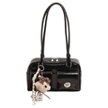Minimalist black patent leather tote bag with silver buckle and plush bear charm - Black With Rabbit Pendant