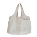 Minimalist beige nylon tote bag with wide shoulder strap and side button pocket - White