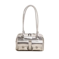 Chic silver metallic PU leather shoulder bag with dual front pockets and long handles - Silver