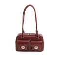 Fashionable dark red glossy patent leather shoulder bag with silver metal buckles - Red