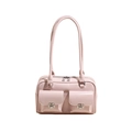 Fashionable light pink glossy PU leather shoulder bag with two front pockets and silver buckles - Pink