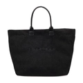 Fashionable black corduroy tote bag with embroidered TOTE BAG text and leather handles - Black