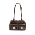 Chic dark coffee glossy patent leather shoulder bag with double pockets and silver buckles - Brown