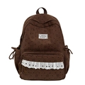 Brown corduroy backpack with cute cartoon bear print and white lace detailing - Brown
