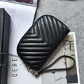 Black V-quilted faux leather crossbody clutch with gold zipper and wrist strap detail - Black