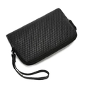 Classic black PU leather clutch bag with woven texture, metal zipper and wrist strap - Black