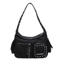 Borsa a tracolla in tela nera con borchie argentate e catena in metallo stile moderno - Nero