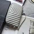 Light grey chevron quilted leather wristlet wallet with golden zipper and wrist strap - Light Gray