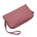Women's long PU leather clutch wallet in dark pink with honeycomb texture and wrist strap - Deep Pink
