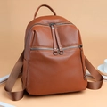 Stylish brown washed PU leather backpack for women with ring zipper and lychee texture - Brown