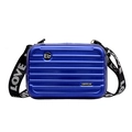 Mini luggage style crossbody bag in bright blue hard shell with wide LOVE letter strap - Blue