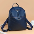 Navy blue washed PU leather backpack for women with ring zippers and pebble texture - Blue