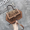 Sechseckige Handtasche mit Leopardenmuster, Goldnieten und Leder-Kettengurt - Dunkelbraun