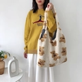 Süße Teddybär Stofftasche aus Lammwolle mit Karofutter und lässigem Schultergurt - Bär Muster / Beige