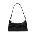 Classic black crocodile pattern baguette bag with glossy finish and gold zipper - Black