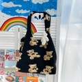 Cute black fleece tote bag with brown teddy bear patterns and a white bear charm - Black