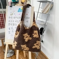 Brown plush teddy bear pattern tote bag with autumn winter vintage style fleece material - Coffee