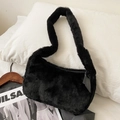Chic black plush underarm bag in faux rabbit fur with a soft texture for autumn winter - Black