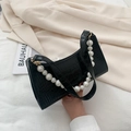 Elegante bolso baguette negro de cuero sintético con diseño de cocodrilo y asa de perlas - Negro