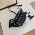 Fashionable black glossy chest bag with silver chain strap and dual zipper compartments - Black