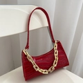Red baguette underarm bag with crocodile pattern and stylish golden chain strap - Red