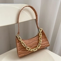 Brown faux crocodile leather baguette bag featuring a thick gold metal chain strap - Khaki