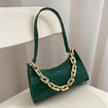 Dark green faux crocodile skin baguette bag with bold golden chain decoration - Green