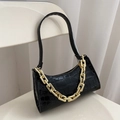 Chic black crocodile embossed underarm bag featuring a chunky gold chain strap - Black