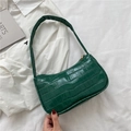 Dark green crocodile pattern underarm bag with glossy finish and golden hardware - Green
