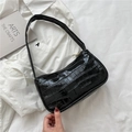 Classic black crocodile pattern baguette shoulder bag with gold zipper and smooth handle - Black