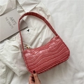 Chic pink crocodile pattern baguette shoulder bag with gold zipper for women - Pink