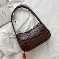 Brown crocodile embossed leather baguette underarm bag with gold zipper and strap - Dark Brown