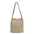 Beige handgewebte Strohtasche mit braunen Schultergurten für den Strandurlaub - Gebrochenes Weiß