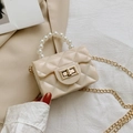 Mini beige quilted jelly bag with pearl handle and golden chain strap in cream finish - Beige