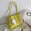 Yellow large capacity PU leather tote bag with cute plush bear charm and pleated detail - No Pendant / Yellow