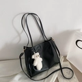 Minimalist black PU leather tote bag with white stitching and plush bear charm - No Pendant / Black