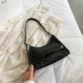 Retro black faux crocodile leather underarm bag with glossy finish and top handle - Black
