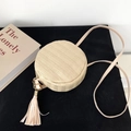 Sac bandoulière rond tissé beige avec pompon élégant et bandoulière réglable pratique - Style Kaki 1