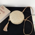 Sac bandoulière rond en paille avec pompon en cuir marron et fine bandoulière - Style Kaki 2