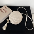 Sac bandoulière rond chic en paille beige avec pompon pour la mode d'été et voyage - Blanc Cassé Style 2