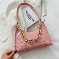 Fashionable pink baguette shoulder bag with crocodile pattern and thick chain strap - Pink