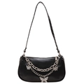 Borsa baguette nera in pelle PU con catenelle decorative a farfalla argentate - Nero